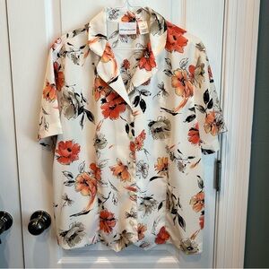 Alfred Dunner Women’s Cream Floral Button Down Short Sleeve Top Size 14